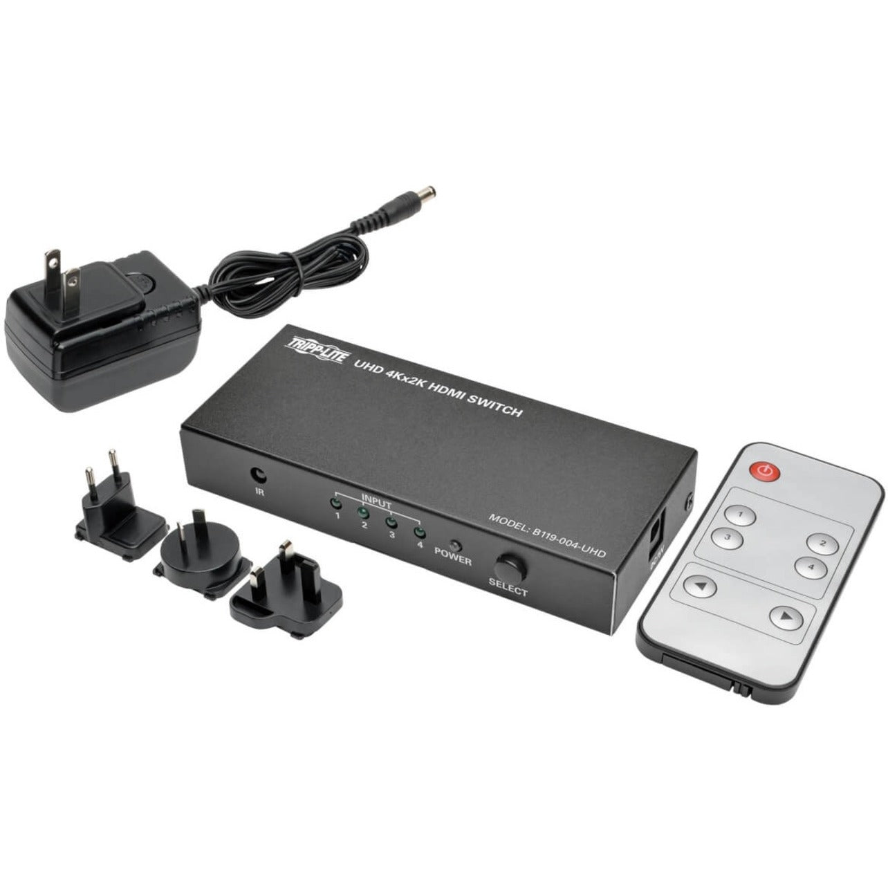 Complete package contents including HDMI switch, power adapter, remote control, and power plugs-alternate-image5