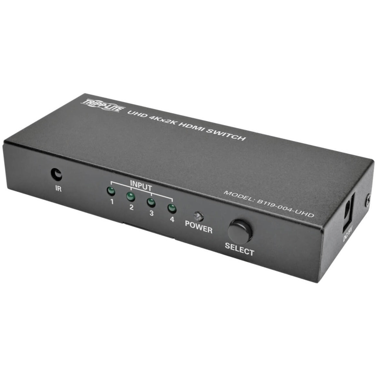 Front view of Tripp Lite B119-004-UHD 4-port HDMI switch showing LED indicators and control buttons-alternate-image1