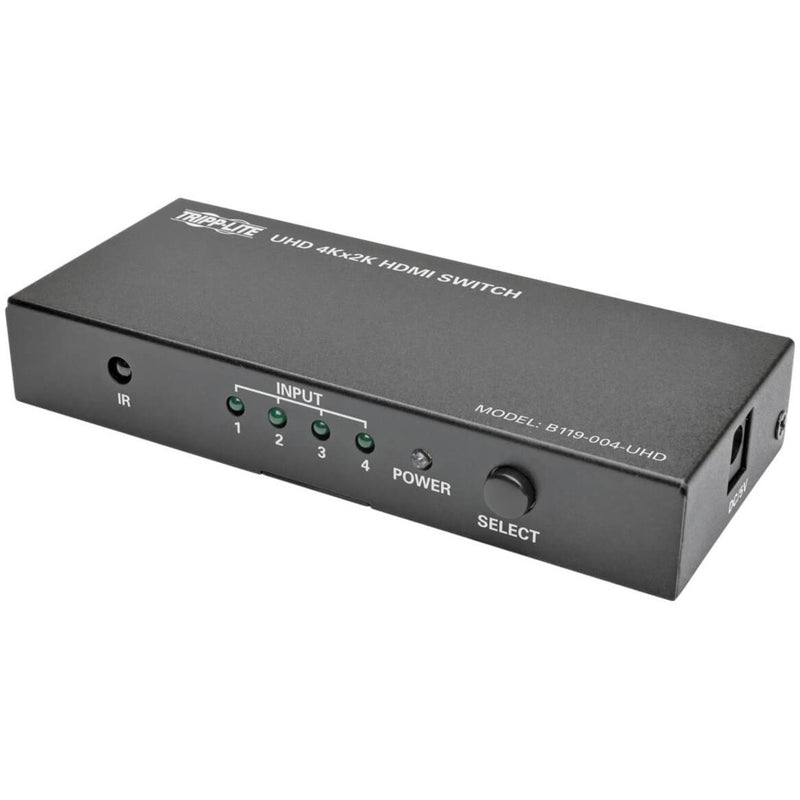 Front view of Tripp Lite B119-004-UHD 4-port HDMI switch showing LED indicators and control buttons