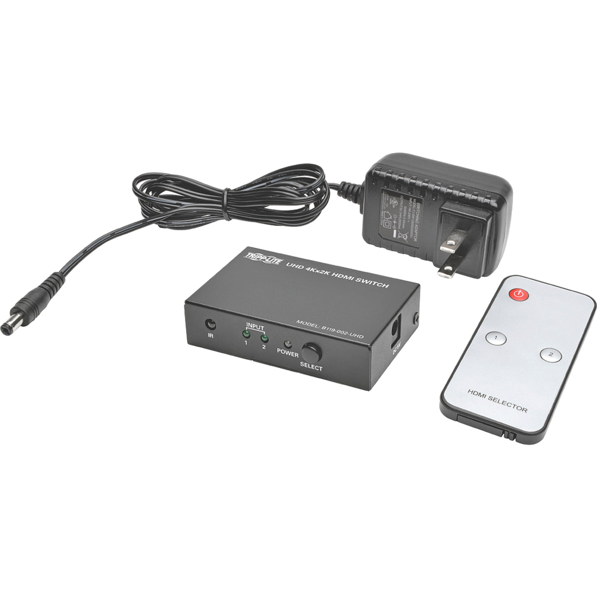 Complete package contents of Tripp Lite HDMI switch including power adapter and remote control-alternate-image4