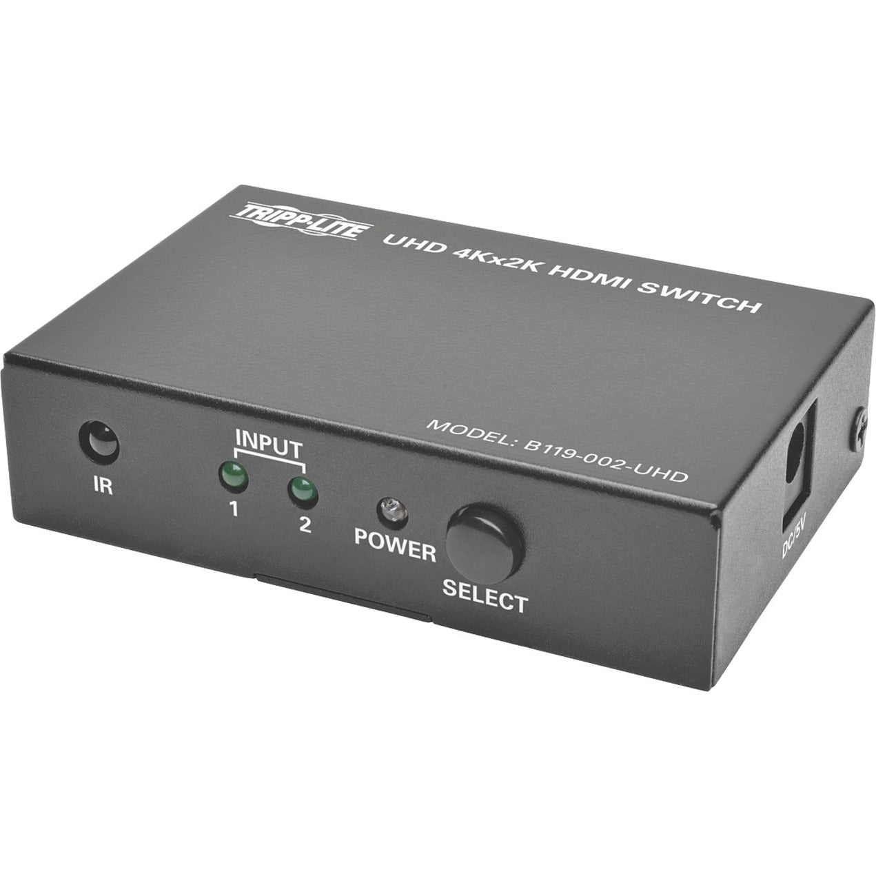 Front view of Tripp Lite B119-002-UHD HDMI switch showing LED indicators, IR sensor and select button-alternate-image1