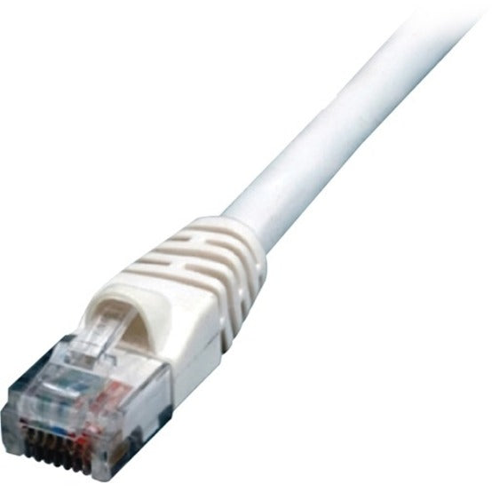 Close-up view of white Cat6 cable's RJ-45 connector showing transparent housing and strain relief boot