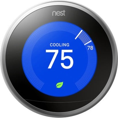 Google Nest Learning Thermostat digital display showing 75 degrees in cooling mode with blue background and energy-saving leaf indicator-alternate-image1