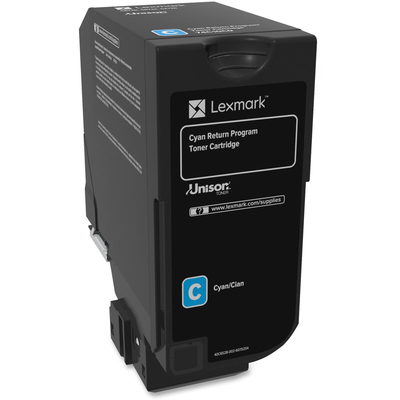 Lexmark 74C10C0 cyan toner cartridge showing Unison technology branding and return program details