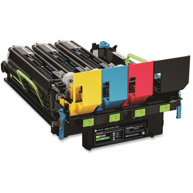 Lexmark CX725 Color Imaging Kit showing three-drum assembly with yellow, cyan, and magenta color panels and green installation tabs