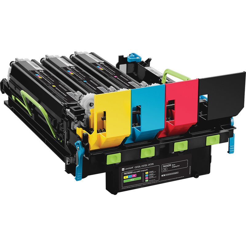 Lexmark 74C0Z50 Color Imaging Kit showing CMY drums with yellow, cyan, and magenta color-coded panels and installation guides