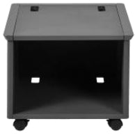 Black Lexmark printer stand with storage compartment and casters, showing adjustable height mechanism