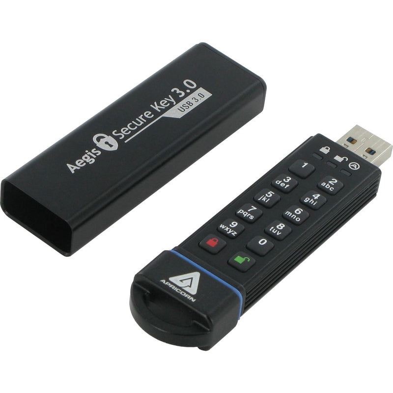 Aegis Secure Key 3.0 USB drive showing alphanumeric keypad interface and protective cap