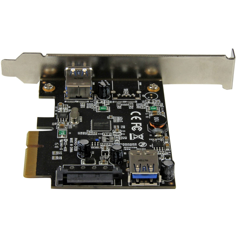 Detailed view of StarTech.com PCIe USB card showing internal SATA connector and component layout