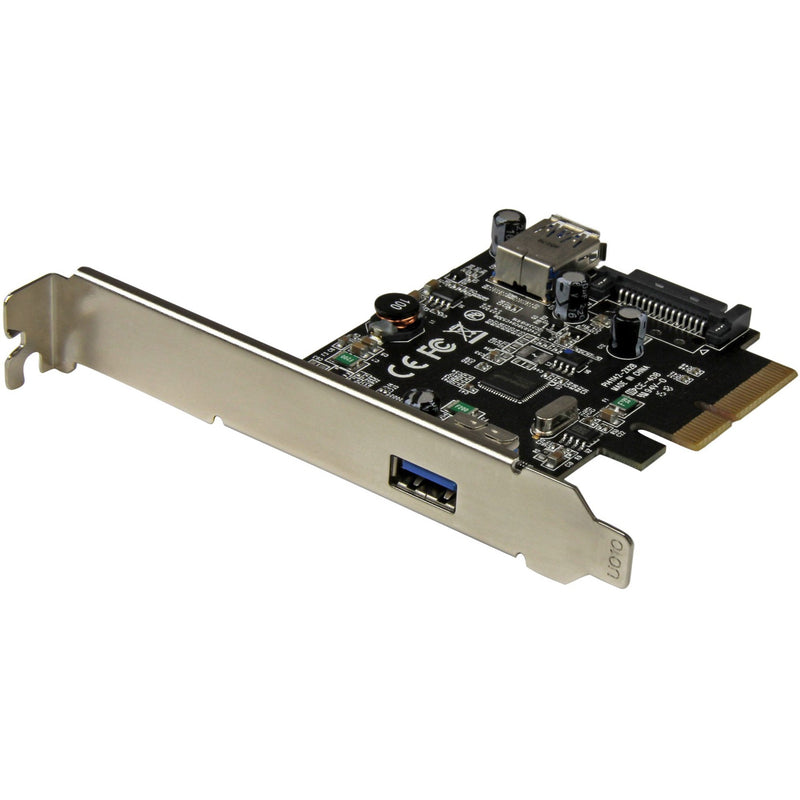 Top angled view of StarTech.com PCIe USB 3.2 card showing external USB port and circuit board components