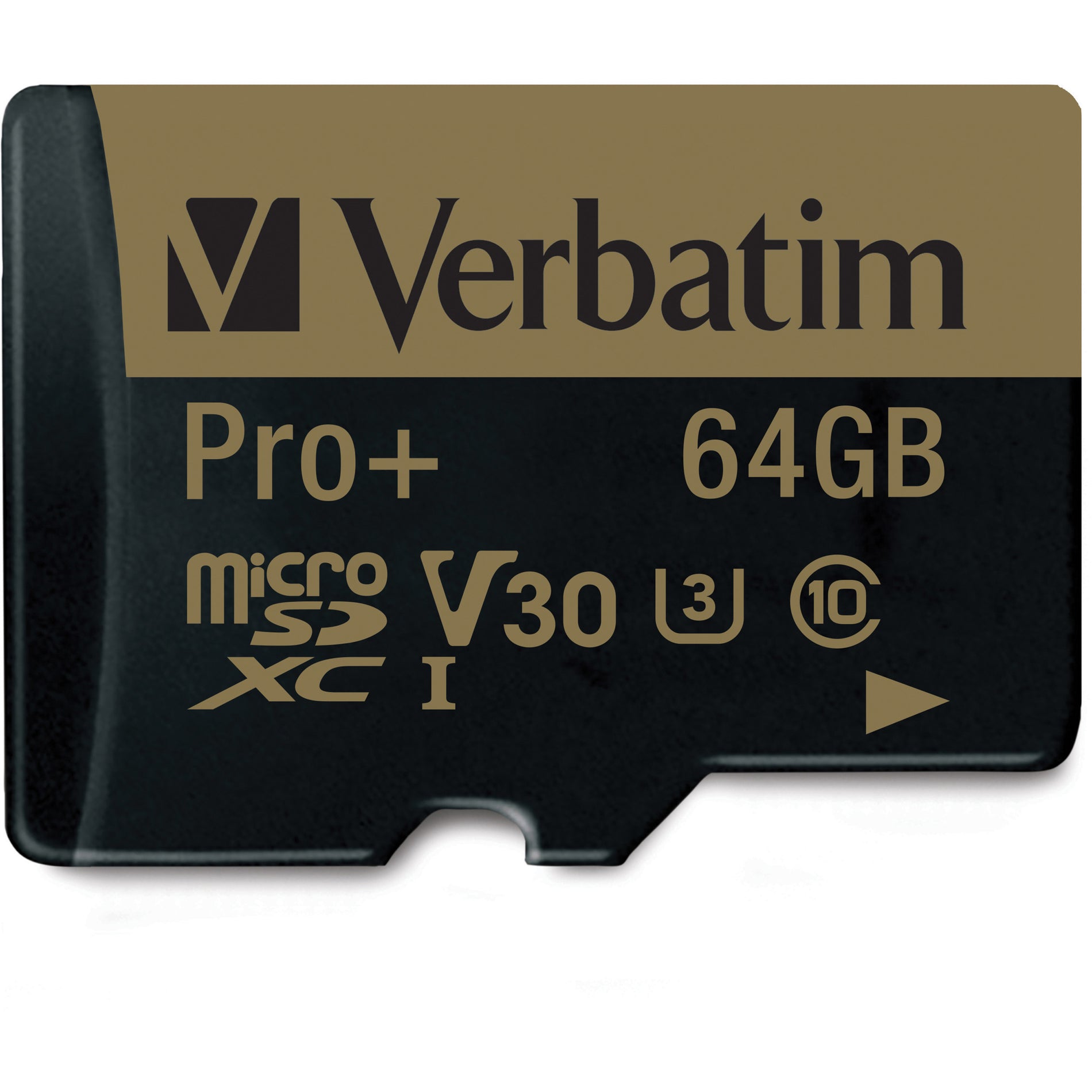 Close-up view of Verbatim Pro Plus 64GB microSDXC card showing V30 and UHS-I specifications-alternate-image2