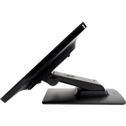 Side profile of Elo 1502L monitor showing adjustable tilt mechanism and stand