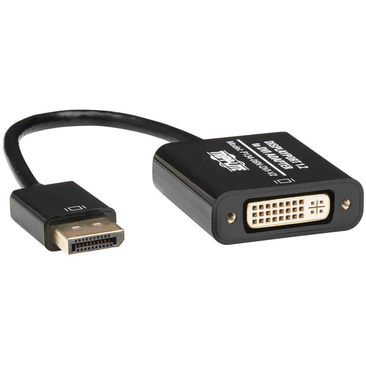 Tripp Lite DisplayPort to DVI adapter showing male DisplayPort connector and female DVI port with gold-plated contacts-alternate-image1