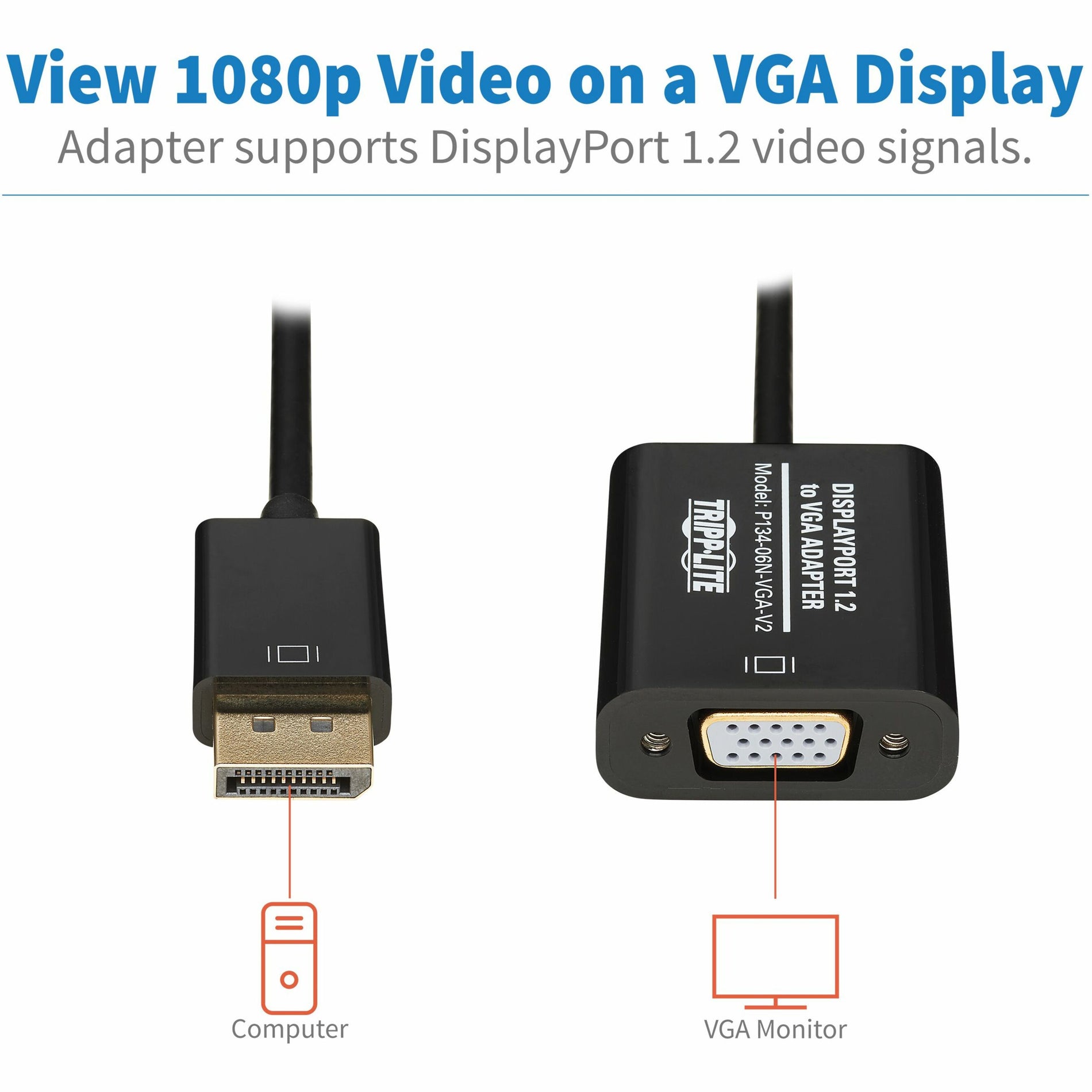 Tripp Lite プルグ P134-06N-VGA-V2 DisplayPort/VGA ビデオケーブル、アクティブ、6 "、金メッキコネクタ、サポートされる解像度1920 x 1200