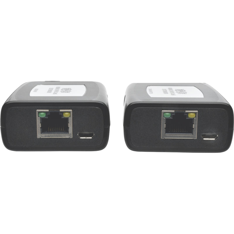 Close-up view of RJ45 and USB ports on Tripp Lite HDMI extender units