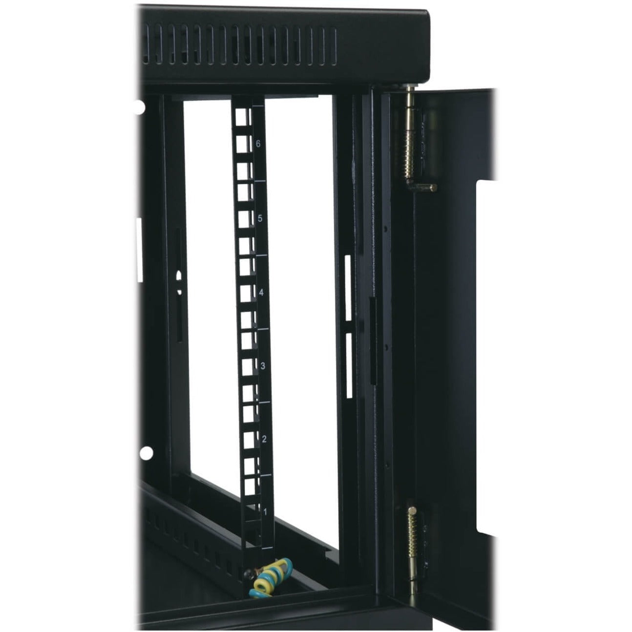 Detailed view of numbered mounting rails and square holes in SRW6UDP cabinet-alternate-image5