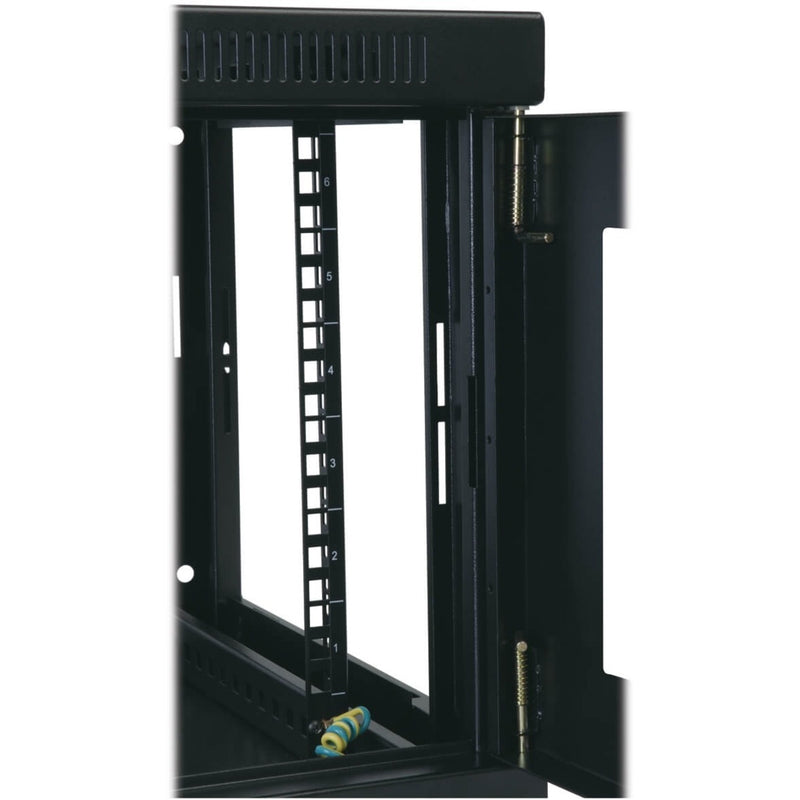 Detailed view of numbered mounting rails and square holes in SRW6UDP cabinet