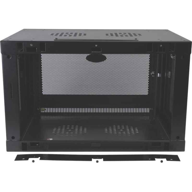 Interior view of SRW6UDP rack cabinet showing mounting rails and depth capacity