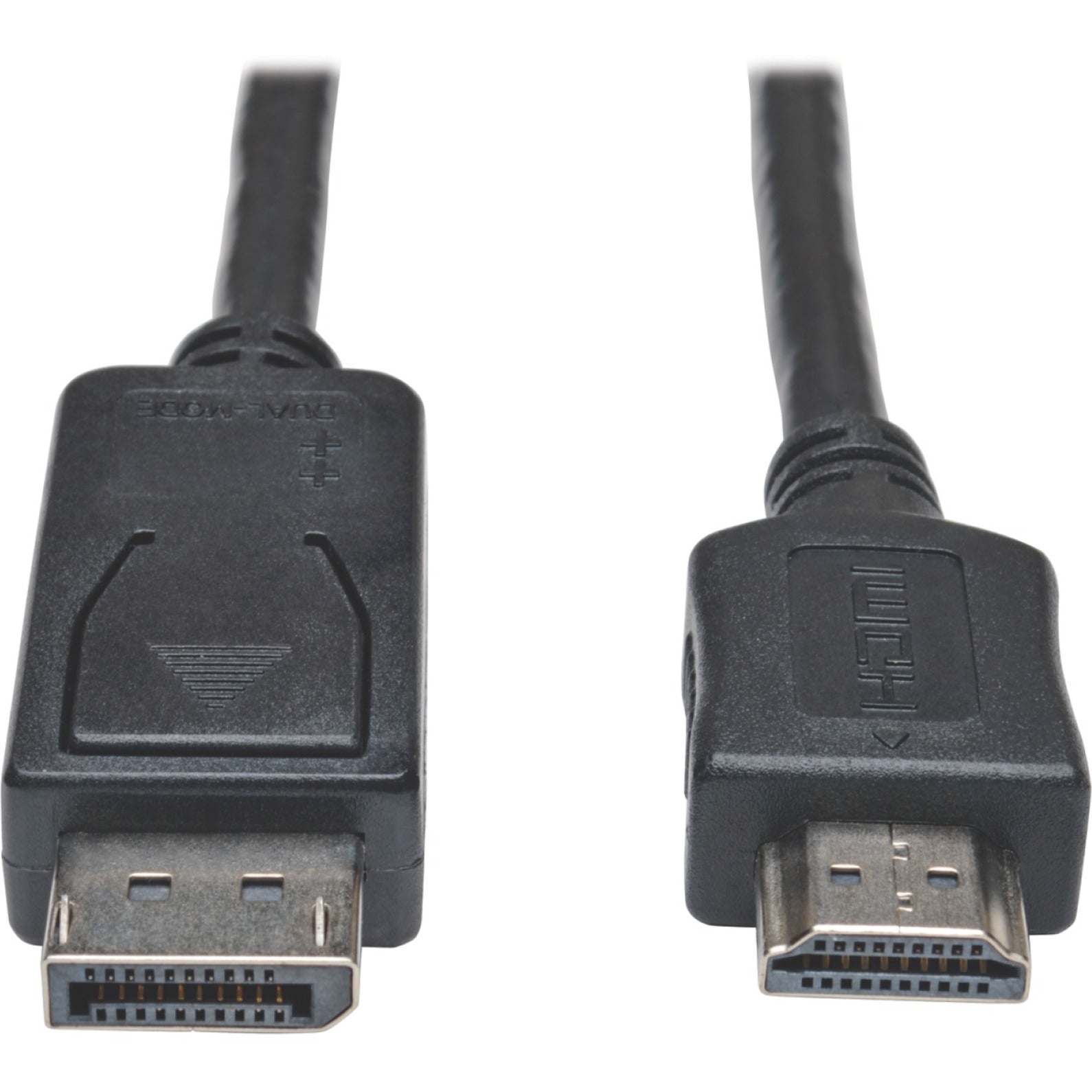 Close-up view of DisplayPort and HDMI connectors on Tripp Lite P582-025 adapter cable showing gold-plated contacts and strain relief design-alternate-image1