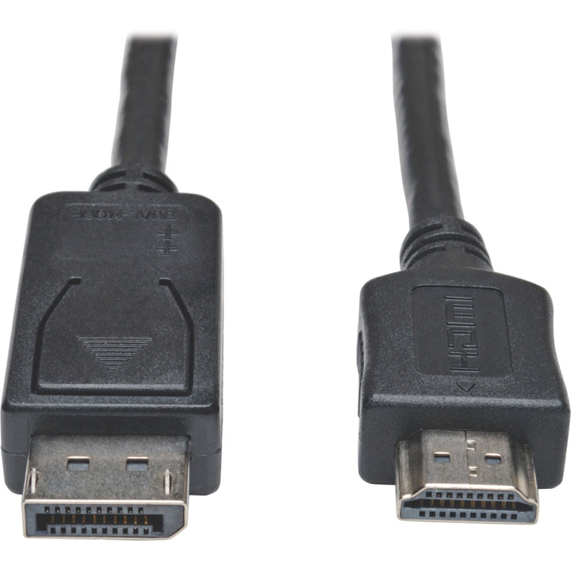 Close-up view of DisplayPort and HDMI connectors on Tripp Lite P582-025 adapter cable showing gold-plated contacts and strain relief design