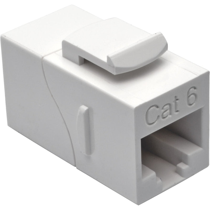 White Cat6 RJ45 female-to-female coupler with snap-in design showing side profile