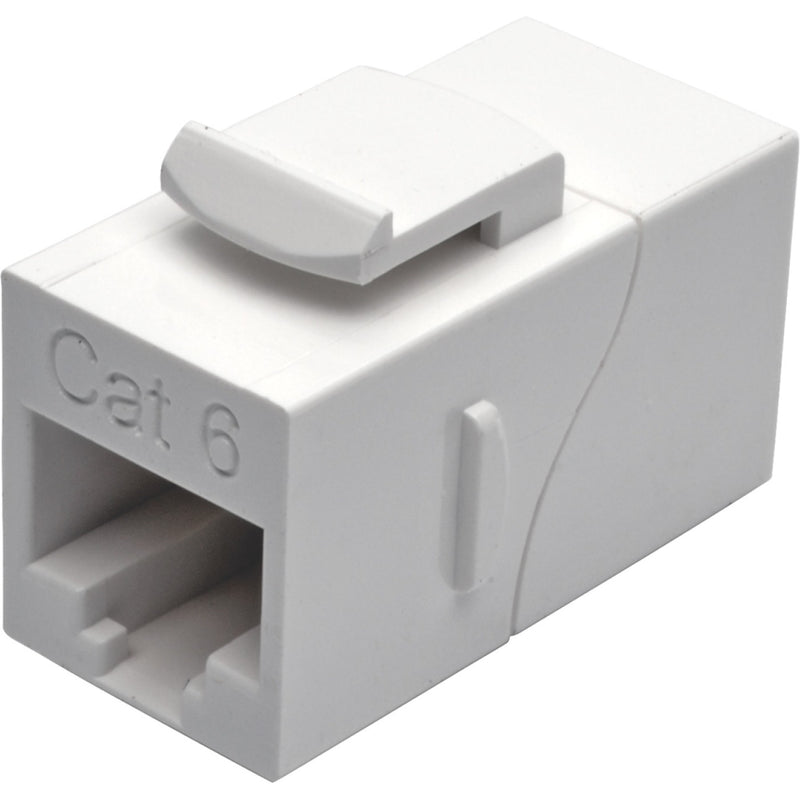 Angled view of white Cat6 coupler showing Cat6 labeling and RJ45 port