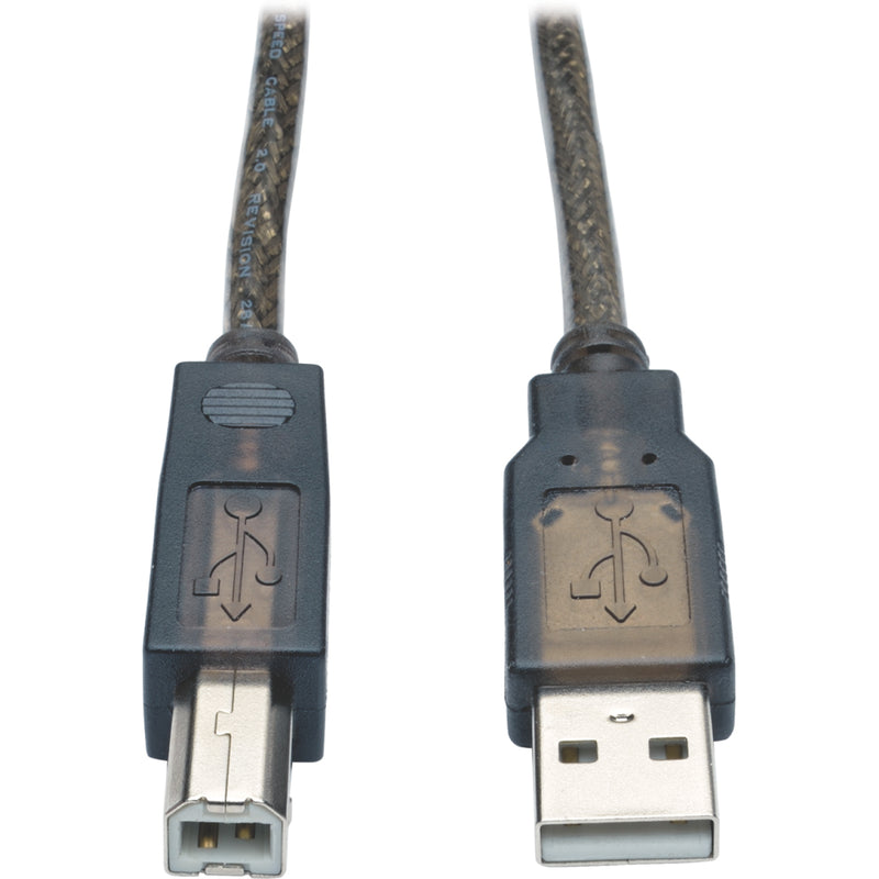 Close-up view of Tripp Lite USB cable connectors showing Type-A and Type-B ends with strain relief