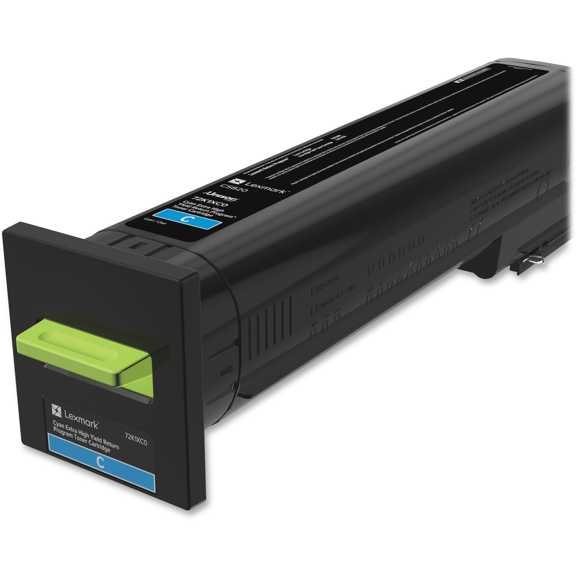 Lexmark 72K1XC0 cyan toner cartridge with green release lever and identification labels-alternate-image1