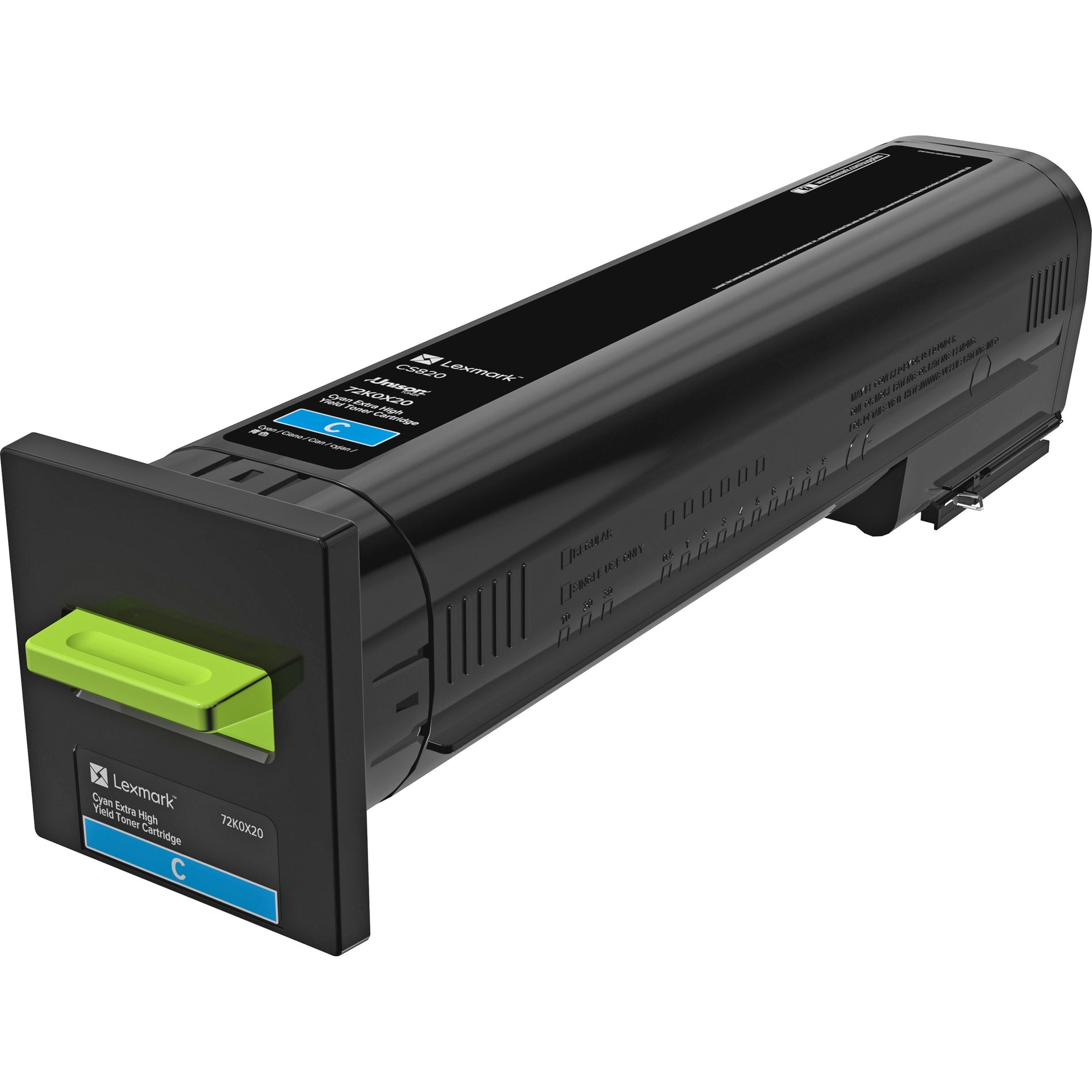 Lexmark 72K0X20 cyan toner cartridge showing black housing with green installation tab and blue identifier-alternate-image1