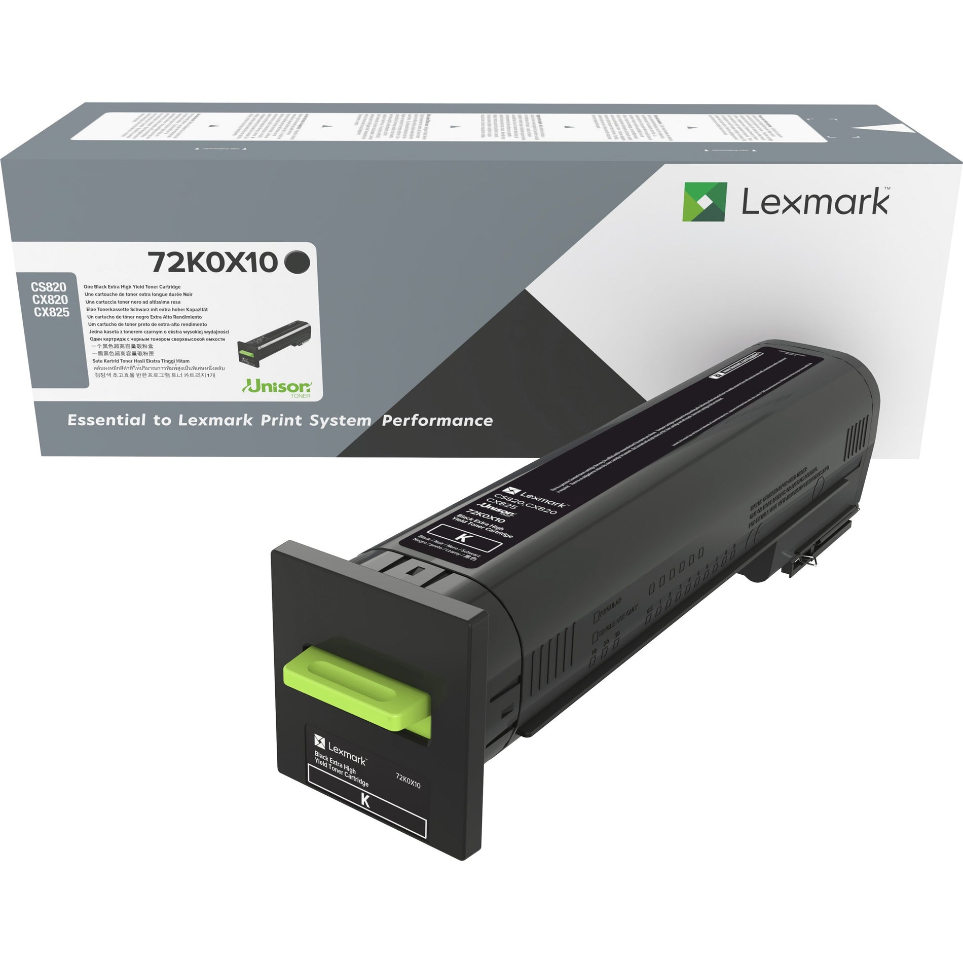 Lexmark 72K0X10 high-yield black toner cartridge with retail packaging showing compatibility with CS820 and CX820/825 series printers-alternate-image1