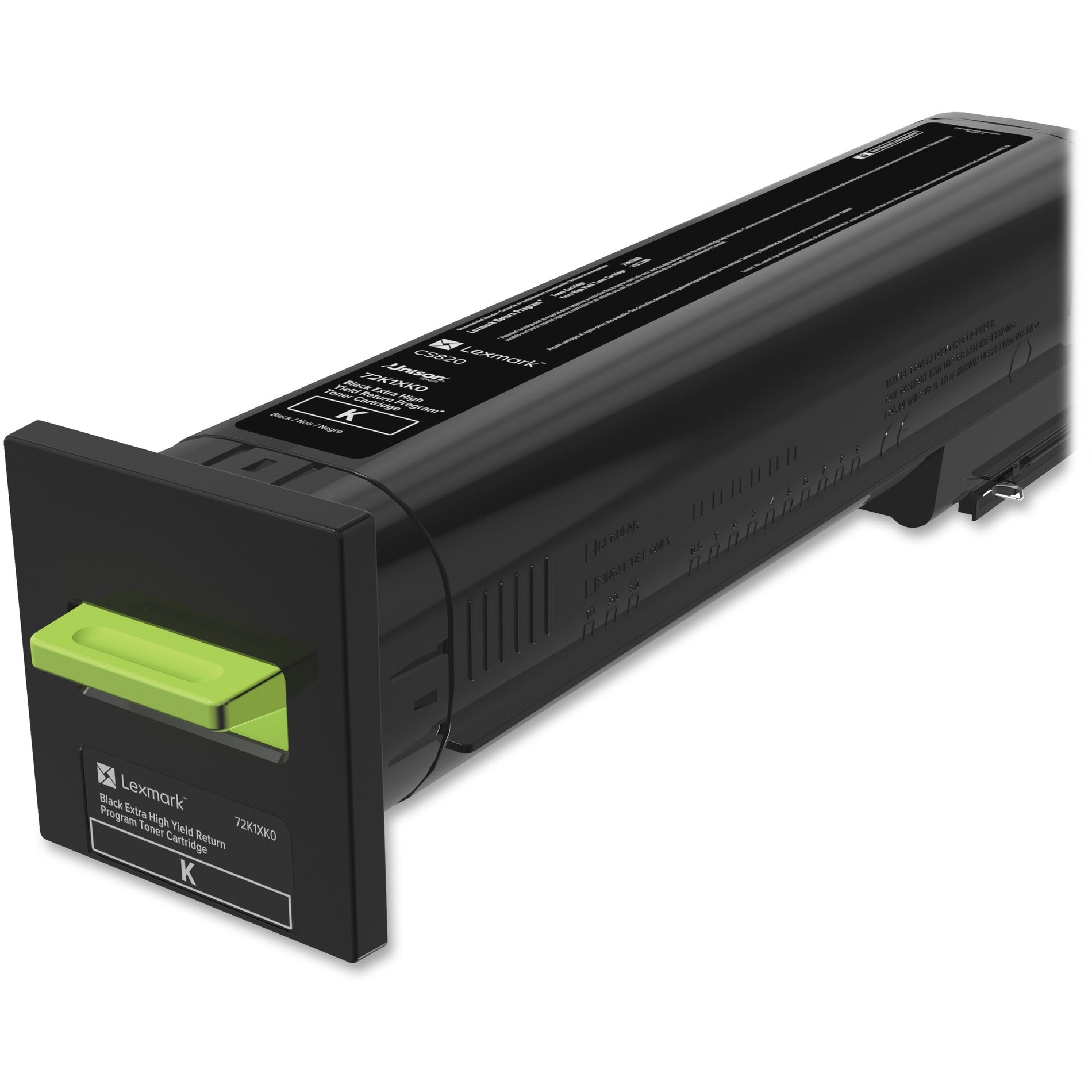 Lexmark 72K1XK0 black high-yield toner cartridge with green release lever showing side profile view-alternate-image1