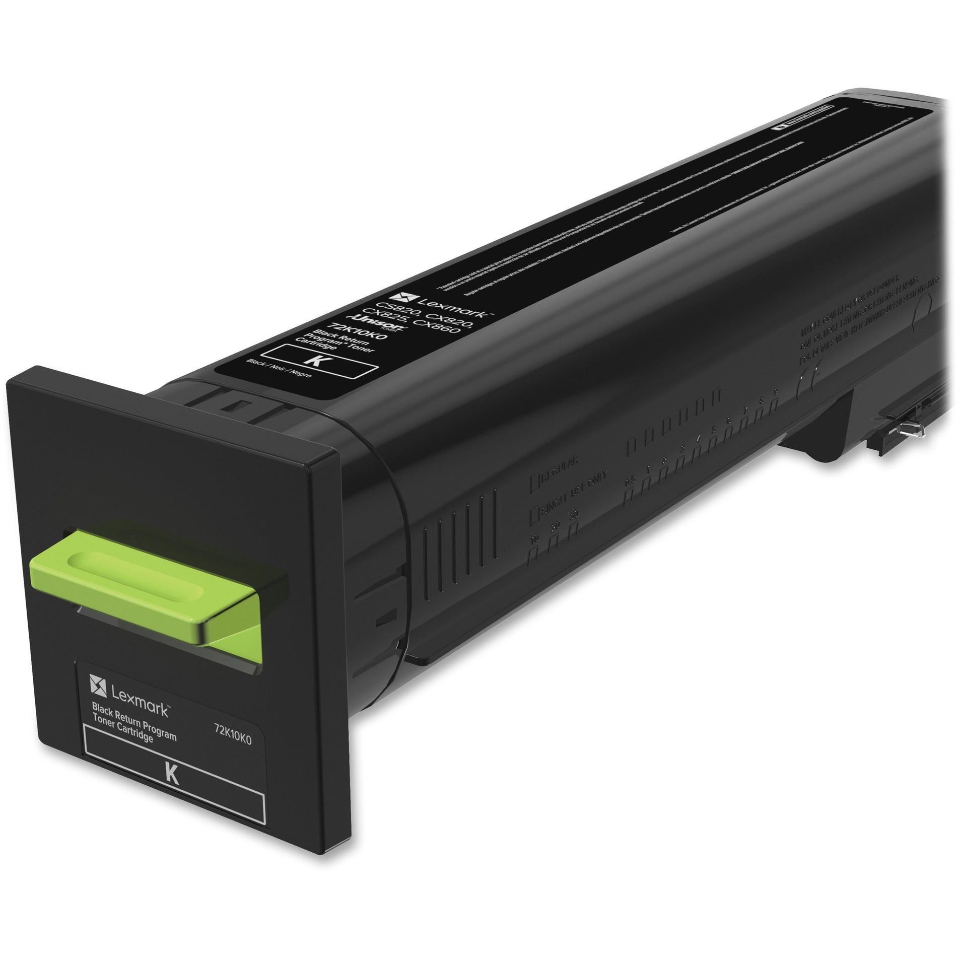 Lexmark 72K10K0 black toner cartridge with green release lever, showing side profile view-alternate-image1