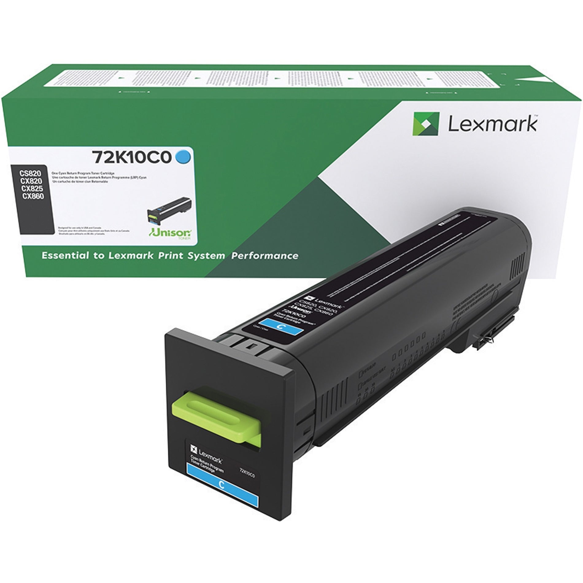 Lexmark 72K10C0 cyan toner cartridge with retail packaging showing product specifications and compatibility information-alternate-image1