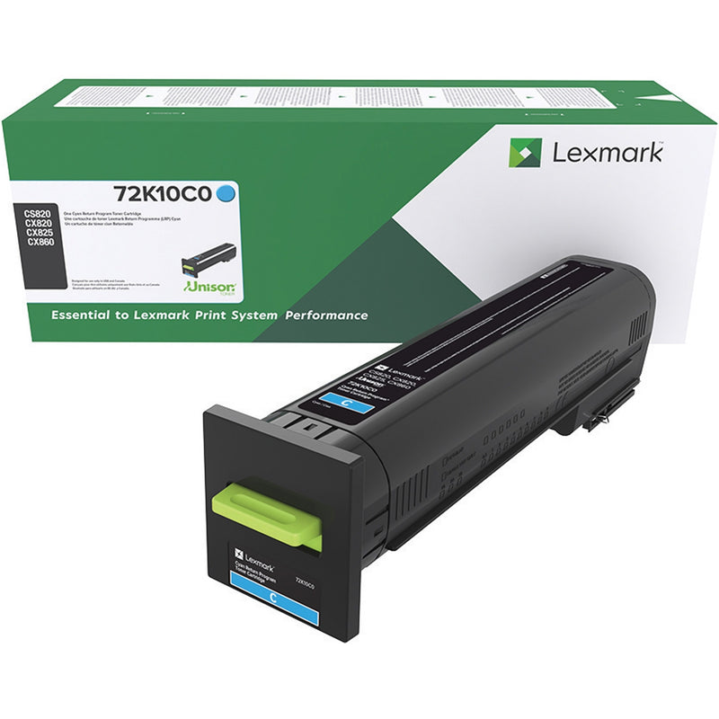 Lexmark 72K10C0 cyan toner cartridge with retail packaging showing product specifications and compatibility information