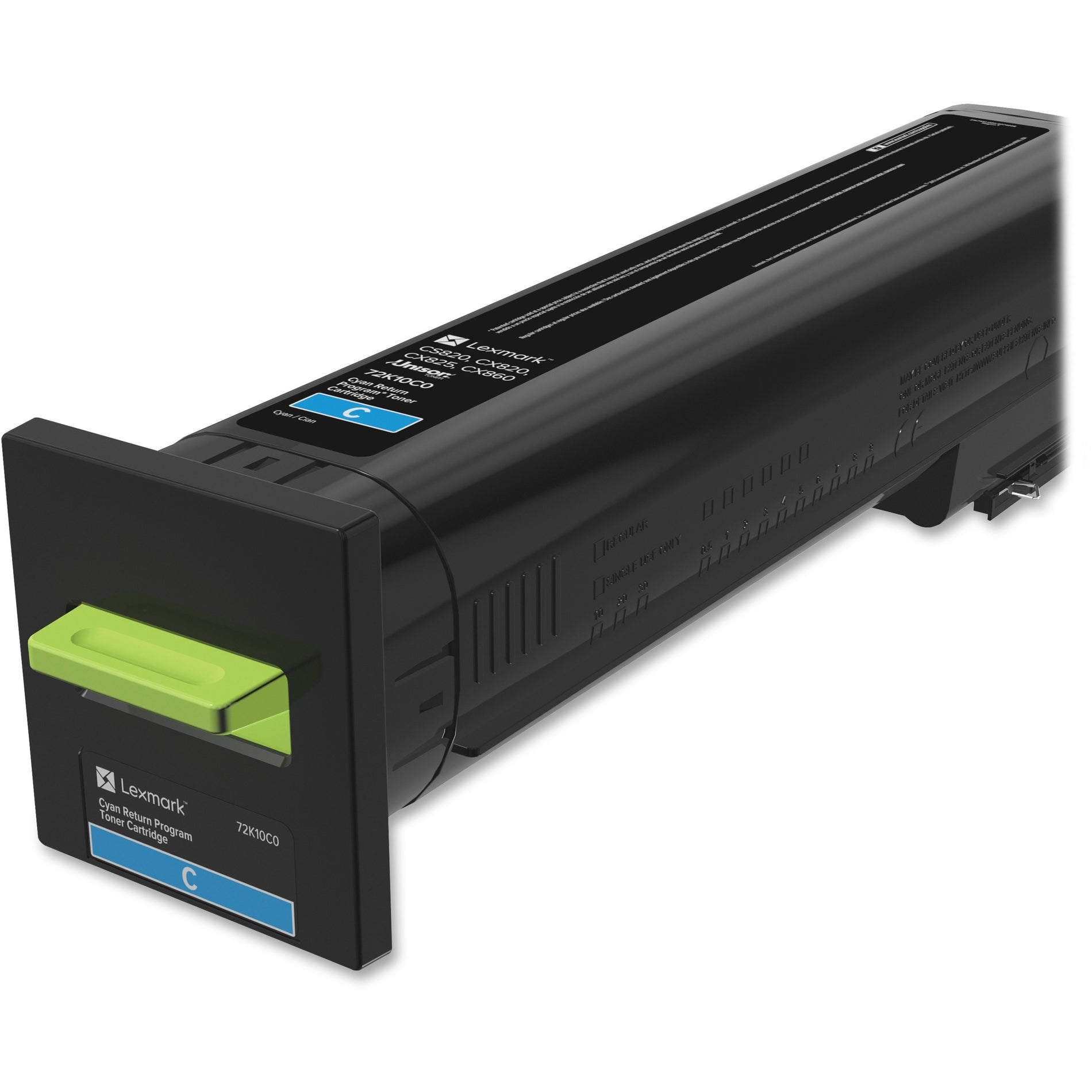 Close-up view of Lexmark 72K10C0 cyan toner cartridge showing ergonomic design and installation features-alternate-image3