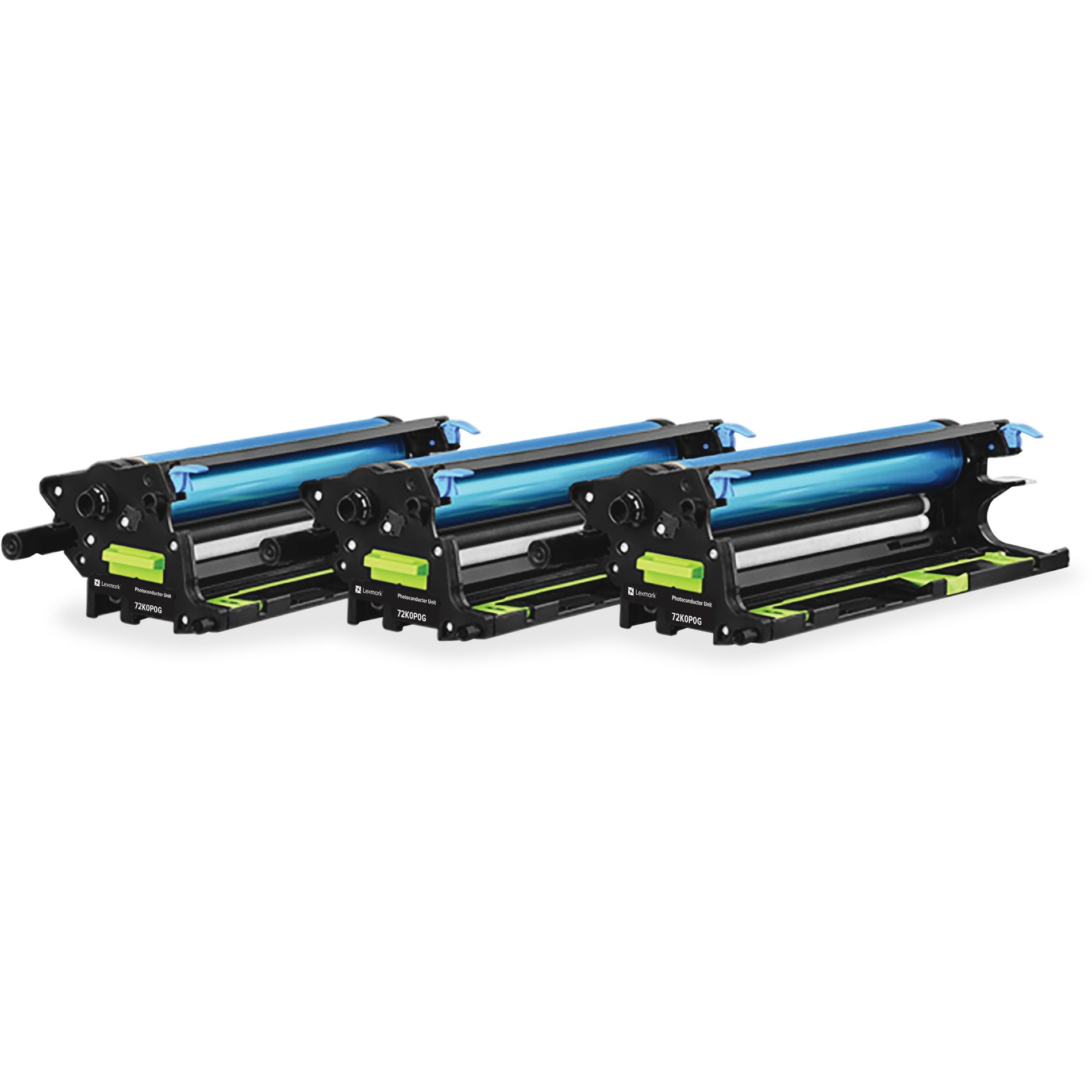 Three Lexmark CX820 photoconductor units with blue drums and green release levers displayed in a row-alternate-image1