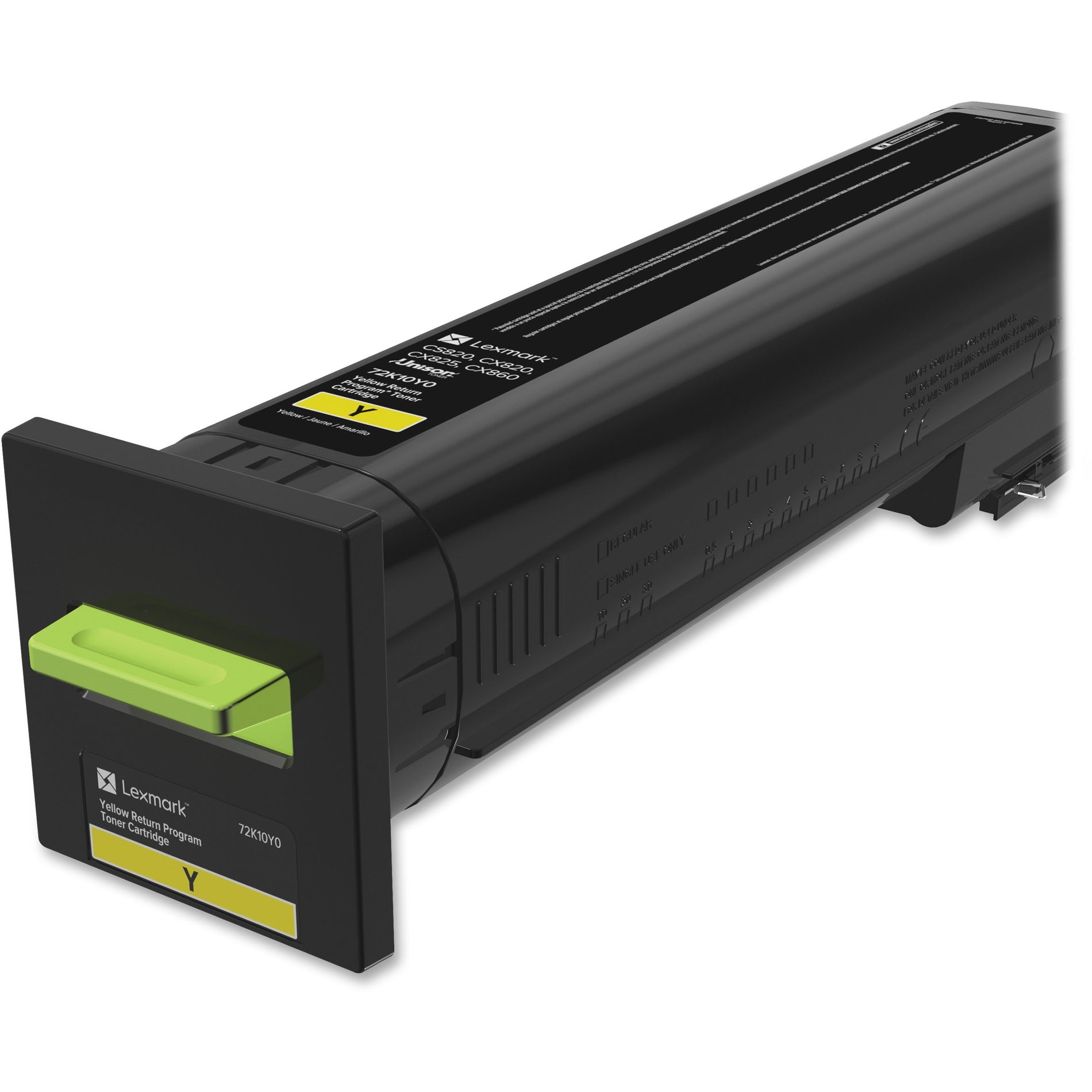 Lexmark 72K10Y0 yellow toner cartridge with green installation tab and distinctive black casing-alternate-image1