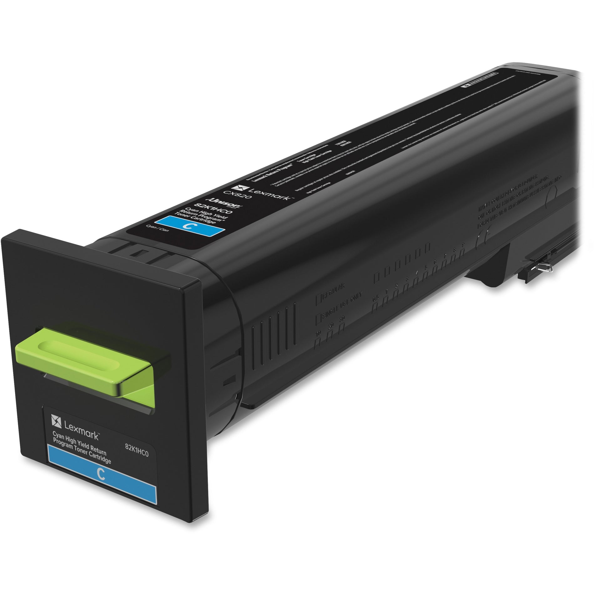 Lexmark 82K1HC0 cyan high-yield toner cartridge showing black casing with green release lever and blue identification label-alternate-image1