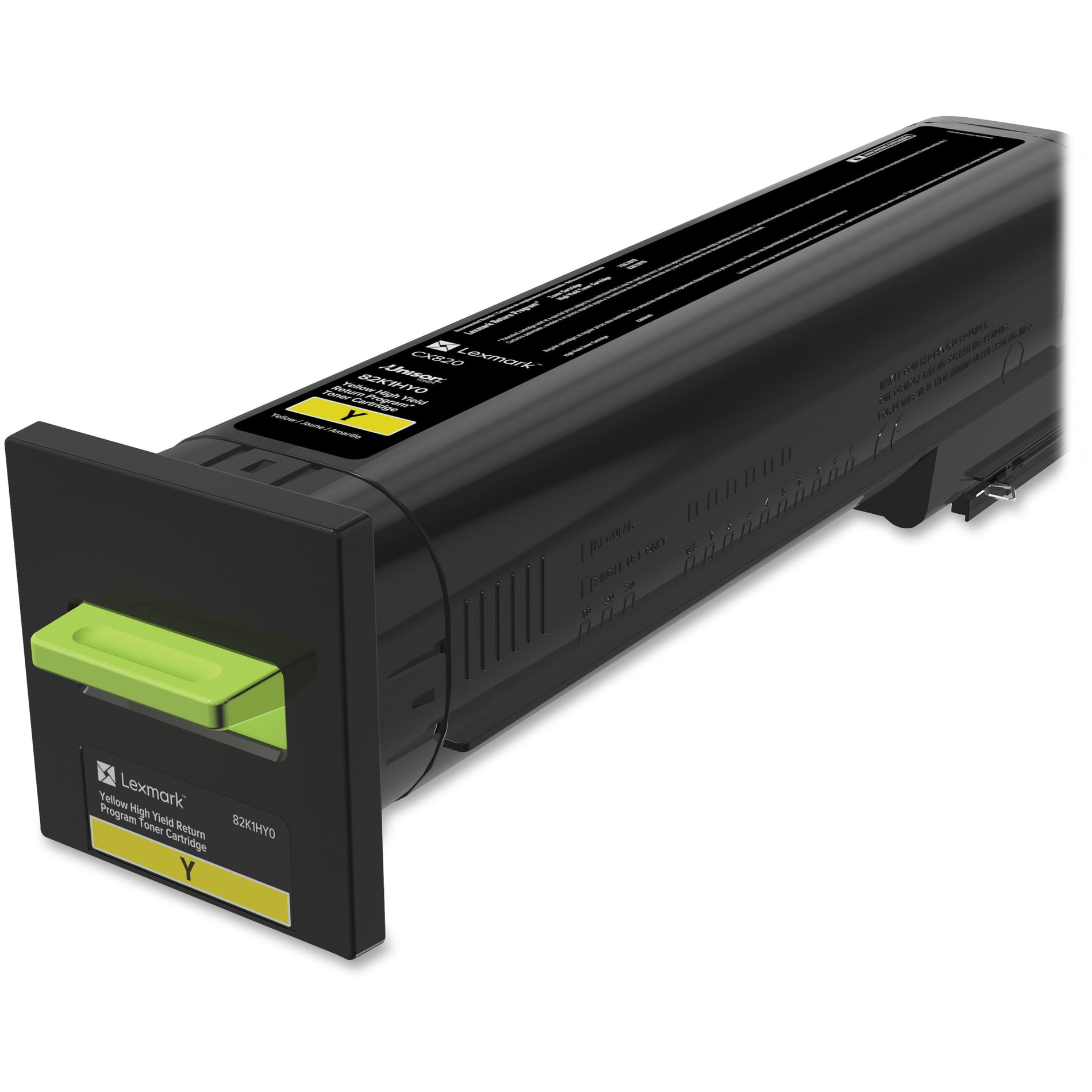 Lexmark 82K1HY0 yellow high-yield toner cartridge with black casing and green release lever-alternate-image1