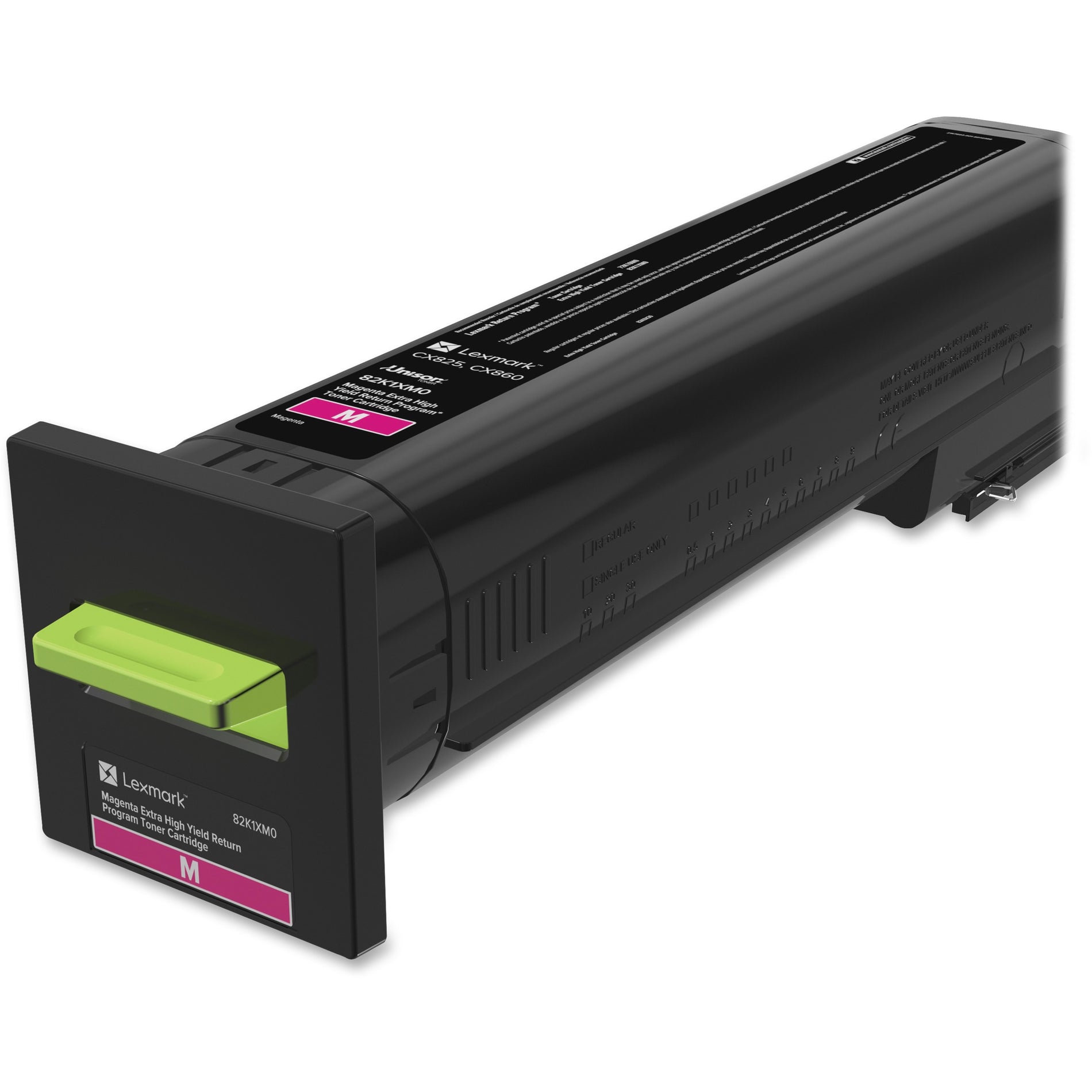 Lexmark 82K1XM0 magenta toner cartridge with green release lever and product identification labels-alternate-image1