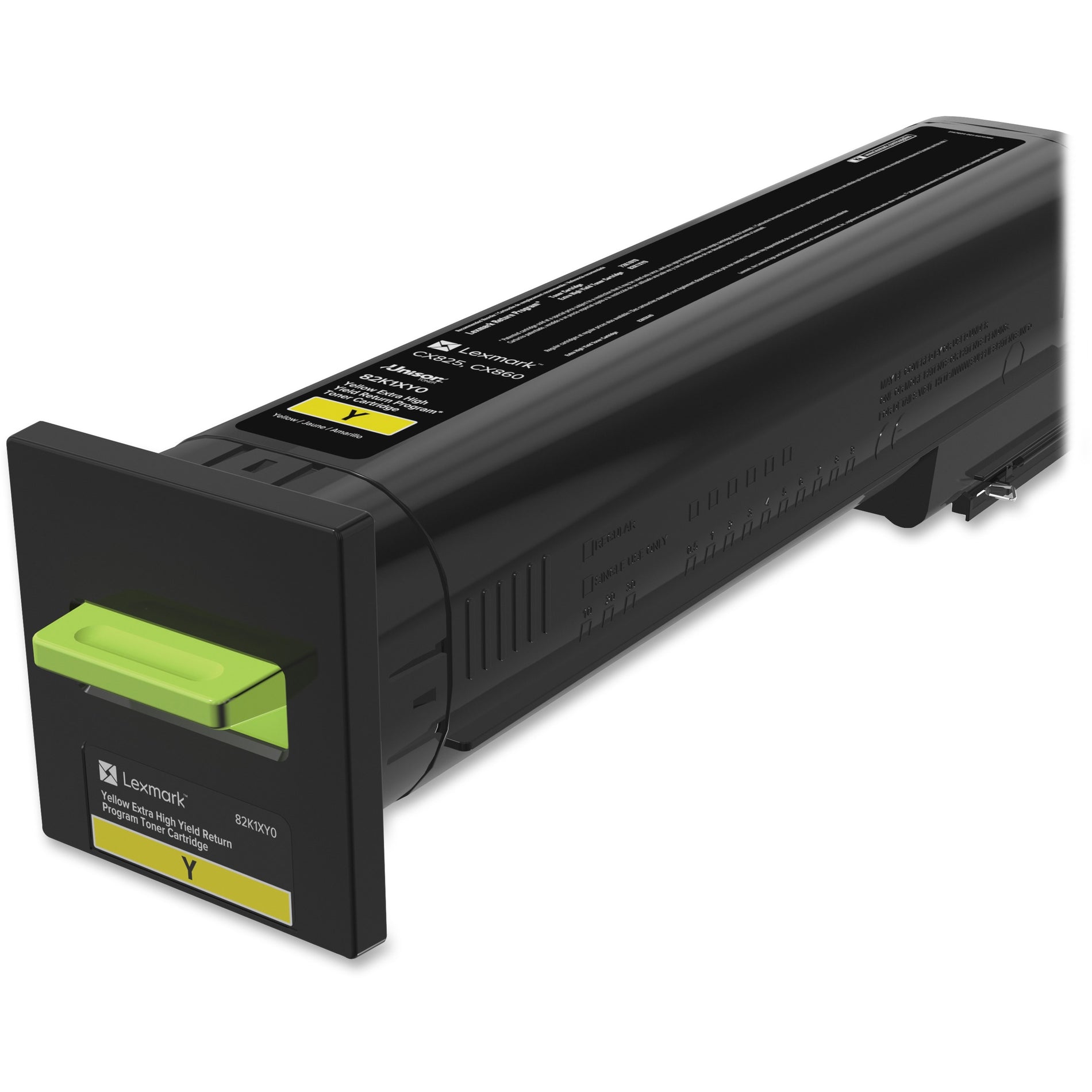 Lexmark 82K1XY0 yellow toner cartridge with green installation tab and product identification labels-alternate-image1