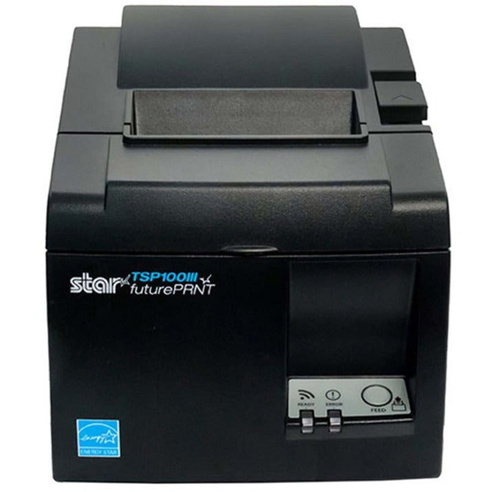 Front view of Star Micronics TSP143IIIW thermal receipt printer in gray/black with wireless connectivity indicator and control panel