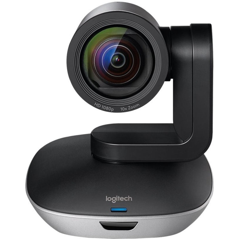 Close-up view of Logitech GROUP HD camera showing lens and pan-tilt mechanism