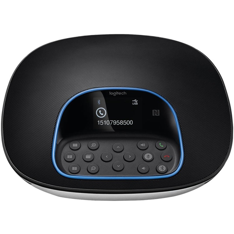 Close-up view of Logitech GROUP speakerphone showing interface and controls