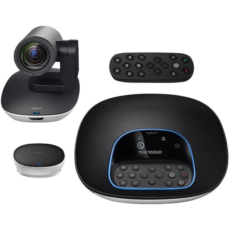 Logitech GROUP video conferencing system components including HD camera, speakerphone, and remote control arranged to show complete system