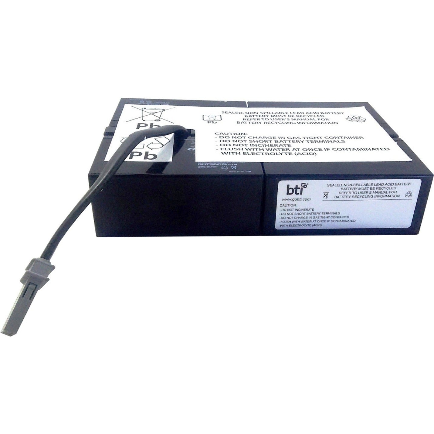 BTI RBC59 UPS battery pack showing safety instructions label and connection cable against white background-alternate-image1