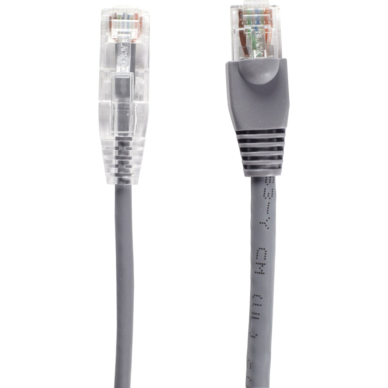 Side-by-side comparison of snagless boot connectors on slim Cat6 network cable showing strain relief design