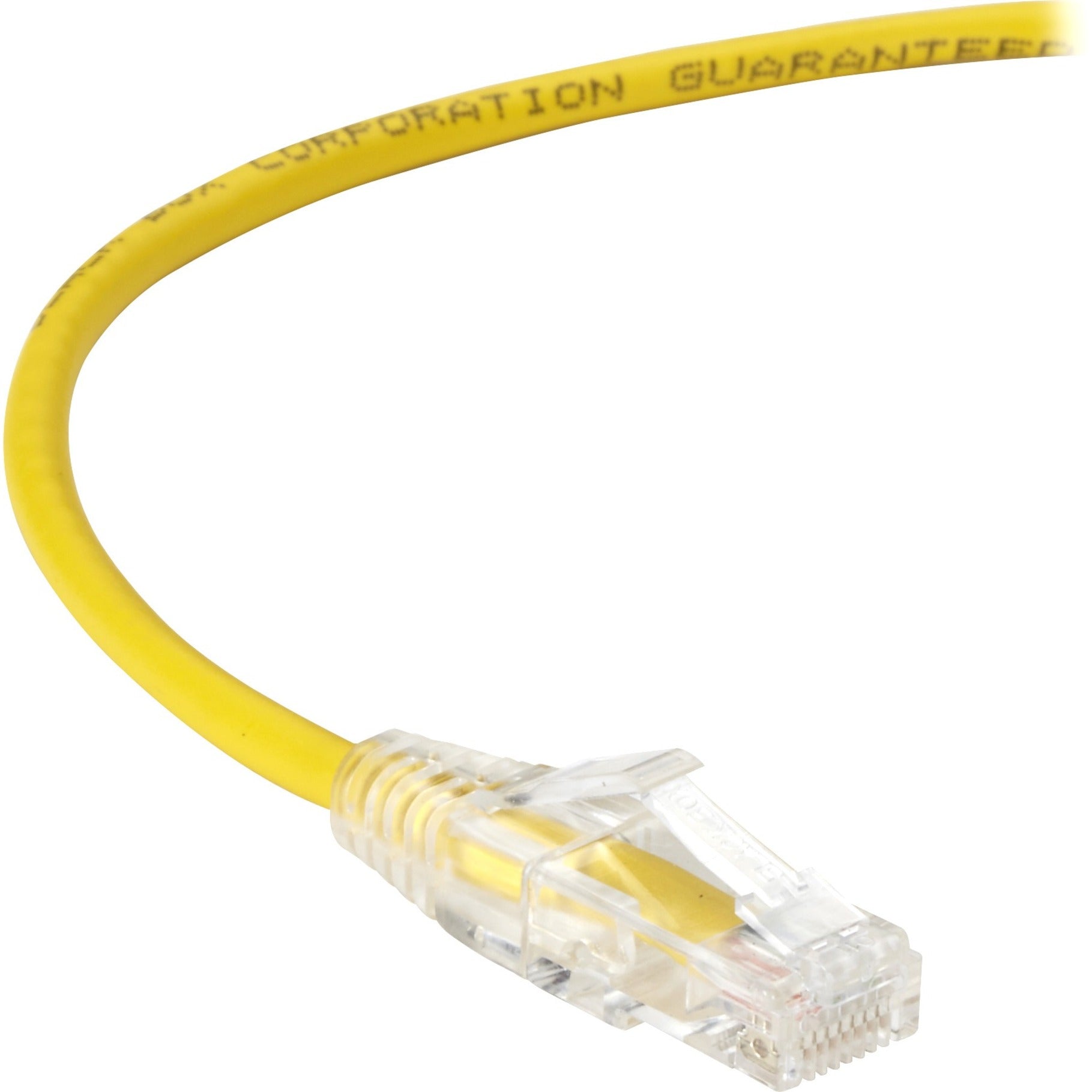 Close-up view of Yellow Cat.6 network cable with transparent RJ-45 connector showing gold-plated contacts-alternate-image1