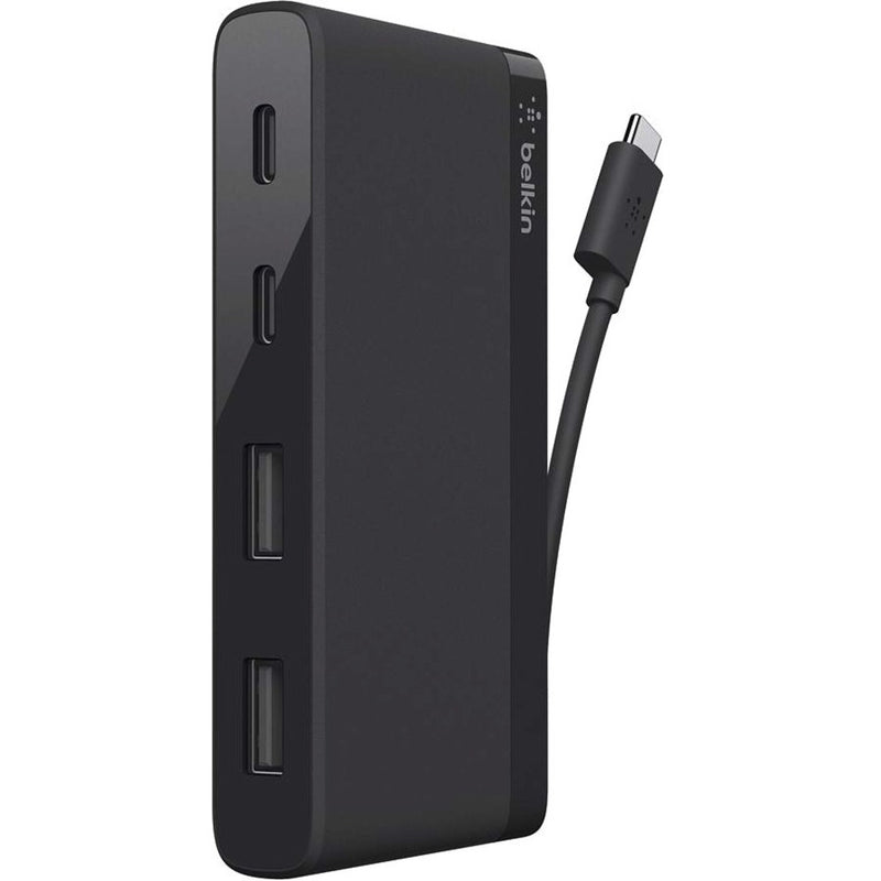 Side view of Belkin USB-C 4-Port Mini Hub showing four USB 3.0 ports and attached USB-C cable