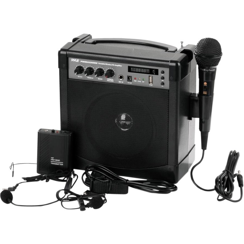 PylePro PWMA220BM Public Address System, Lightweight Portable PA Speaker Amplifier with Wired Mic, Belt Pack Transmitter, Headset Microphone, Lavalier Microphone, Power Cable, 9V Battery, Shoulder Carry Strap